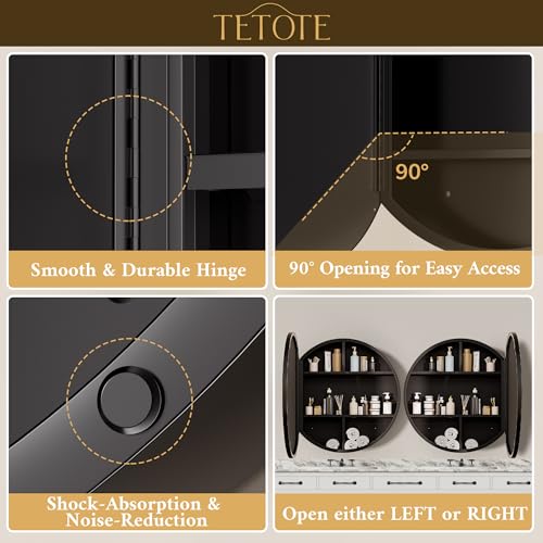 Image of TETOTE Bathroom Mirror Cabinet 30 x 30 Black Round Bathroom Medicine Cabinet with Mirror Adjustable Shelves Farmhouse Wall Mirror with Storage Surface Mounted
