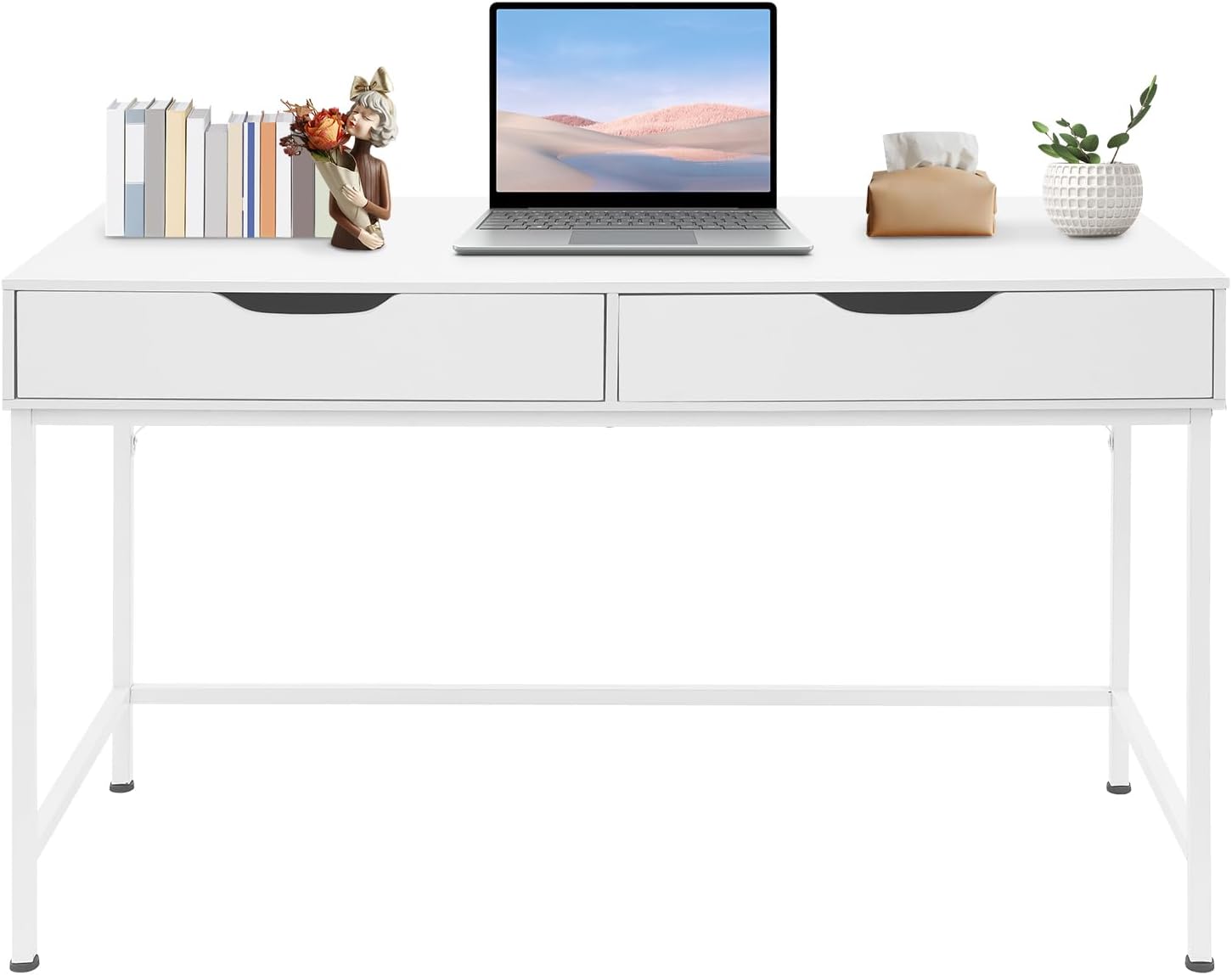 ​​Modern Computer Desk with 2 Drawers, 47x20 Inch Home Office Desk with Storage, Spacious Writing Table Study Desk for Bedroom, Office or Makeup Vanity (White)​