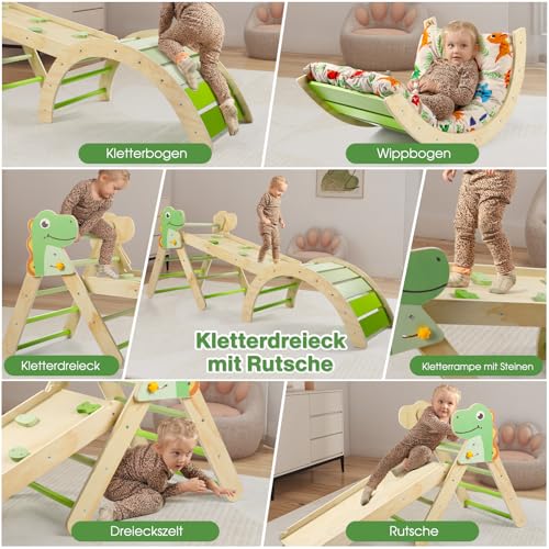 Foto von 7-in-1 Montessori Kletterdreieck Set mit Rutsche, Kletterbogen & weichem Kissen – Holz Klettergerüst für Babys & Kleinkinder, Indoor Spielgerät, faltbar & sicher (Dinosaur)