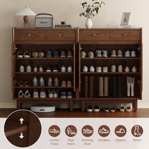 Image of KungFuWood 30 inch W Solid Wood Shoe Cabinet Storageand 2 Adjustable Shelves,Shoe Storage Cabinet with Doors,Wooden Shoe Organizer Cabinet for Entryway, Foyer