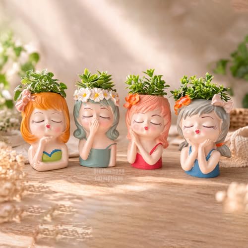 Image of Cute Beautiful Combo Pack of 4 Girls Succulent Planter Pots Resin Creative Flowerpot Plant Pots Planter Container for Home Garden Office Desktop Decoration - Multi (Pack of 4)