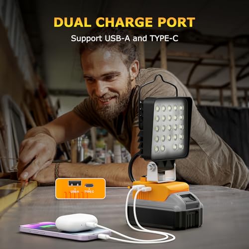 Image of 4 Pcs LED Work Light for Dewalt 20v Max Battery, 90W 9600LM Battery Light for Dewalt 20v Tools, Portable Outdoors Cordless Flood Lighting with USB & Type-C Charging Port, Low Voltage Protection