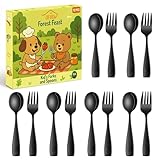 DEHOV Black Toddler Eating Utensils Set,Set Of 12 Food Grade Stainless Steel Silverware Sets For Kids,Dishwasher Safe Children Small Metal Spoons And Forks Flatware Sets