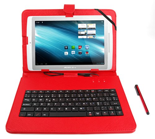 DURAGADGET Funda/Teclado Color Rojo En ESPAÑOL con Letra Ñ para Archos 101 XS / 80 Xenon / 101 Titanium con Conexión MicroUSB + Lápiz Stylus - Función Atril