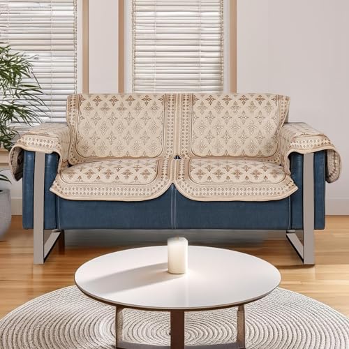 Image of Premium Chenille Woven Anti-Slip 2 Seater Sofa Cover with Arm Rest | L-Shape Sofa Seat Protector for Living Room | Durable & Stylish Slipcover - Beige