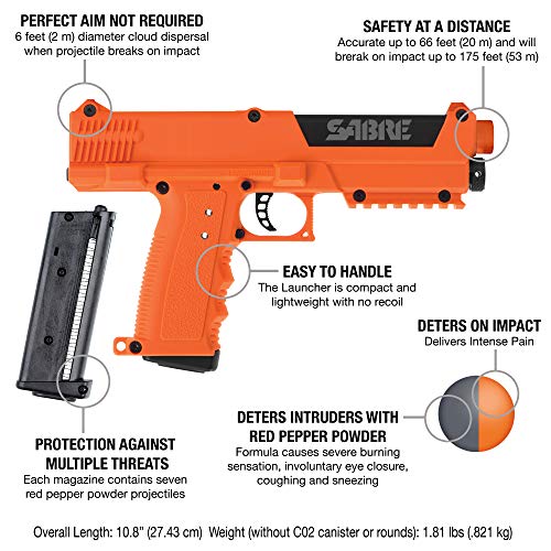 Sabre Pepper Spray Launcher — Pepper Spray Gun With 7 Red Pepper Projectiles, 14 Inert Practice Projectiles, 2 Co2 Cartridges And Storage Case — Home Security Defense Kit #TOP1
