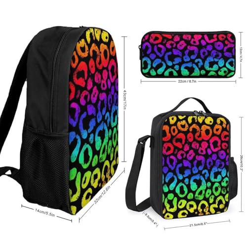 17 Inch Backpack with Lunch Bag and Pencil Case Set Animal Neon Rainbow Colorful Cheetah Leopard Print Black Casual Daypack Insulated Lunch Box Stationery Organizer Pouch2