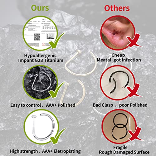 Vojo G23 Titanium 20G Nose Ring Hoop L Shaped Screw Nose Studs Diamond Small Piercing Jewelry For Women Men (D Nose Hoop Silver Gold Black,20G 8Mm+10Mm) #TOP3