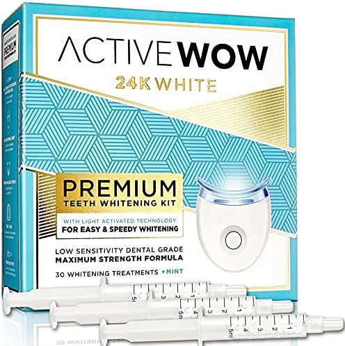 Active Wow 24k White Premium Teeth Whitening Kit - LED Teeth Whitening Kit, Teeth Whitening Light, All Natural Formula, Fluoride Free, Teeth Whitening Kit with LED Light - Mint Flavor, 30 Treatments