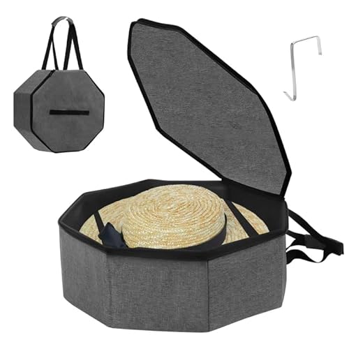 BlyeMichdi Large Hat Box Travel with Carry Handles and Shoulder Strap,16.9x7.08in Foldable Hat Boxes with Lids, Large Pop-Up Storage Bag Decorative Closet Cap Organizer For Women and Men (Light grey)