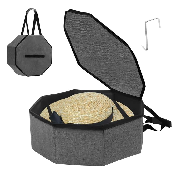 BlyeMichdi Caja de Sombreros de Ala Ancha, Estuche para Sombreros de Vaquero para Viaje, 43 x 18cm Almacenamiento Plegable Grande para Sombreros con Cremallera y Asa, para Mujeres y Hombres (gris)