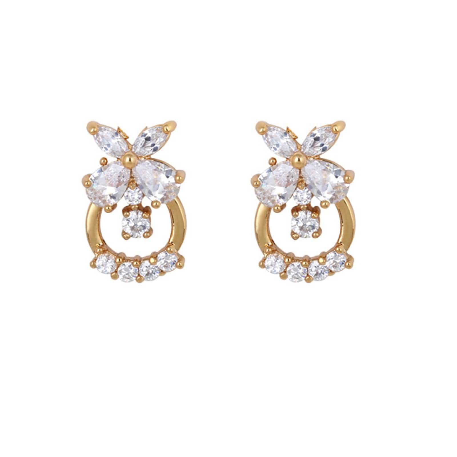 Damen Ohrringe Gelbgold 9K / 14K / 18K, Blume und Hohl Rund mit Moissanit, Moderne Frauen Ohrringe Gold