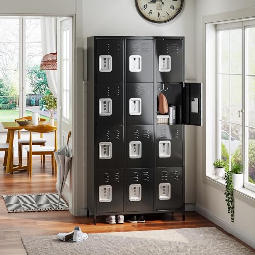 Image of Aobabo 12 Doors Metal Storage Locker for Employees, Storage Locker with 12 Hooks for Garage School Office Gym, Black, Assembly Required
