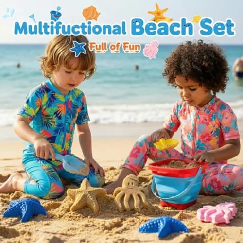 Beach Toy Set for Children Including 1 Collapsible Sand Bucket, Shovel, Rake, 3 Sand Moulds and Mesh Storage Bag - Image 2