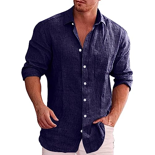 DGZTWLL Camisa de manga larga con botones de mezcla de lino para hombre, casual, ajuste regular, cuello para verano, vacaciones y uso diario, azul oscuro, L