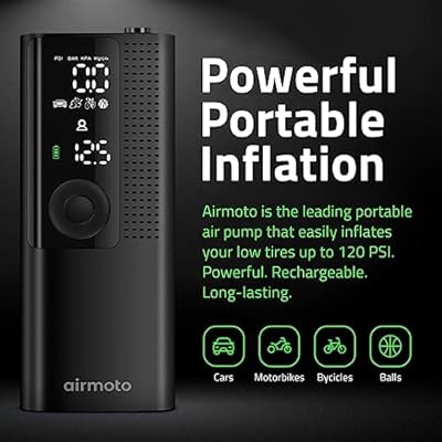 Airmoto Tire Inflator Portable Air Compressor - Air Pump For Car Tires with Digital Pressure Gauge, LED Light and Auto Shut-Off Function - Cordless Pump for Car, Motorcycle, Bicycle, Ball