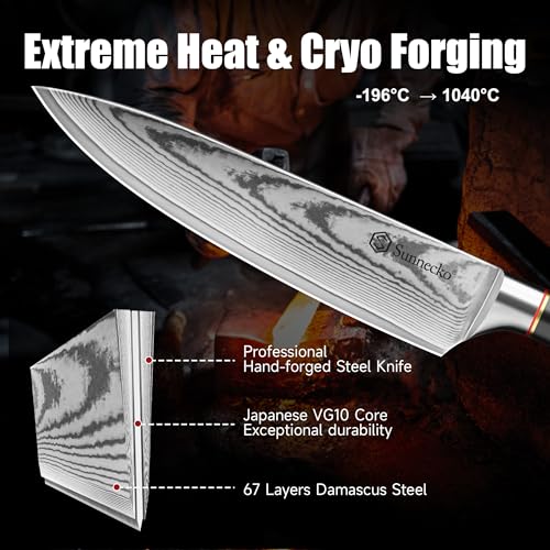 Sunnecko 8 Inch Chef Knife, Japanese Damascus VG10 Professional Kitchen Blade for Meat Vegetable Slicing, Ultra Sharp Cooking Tool with Manual Sharpener & Gift Box Packaging, Multi-purpose Chefs Knife — view 3