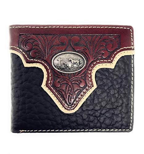 Western Genuine Leather Mens Metal Concho Bifold Short Wallet in Multi Emblem (Black Praying Cowboy)