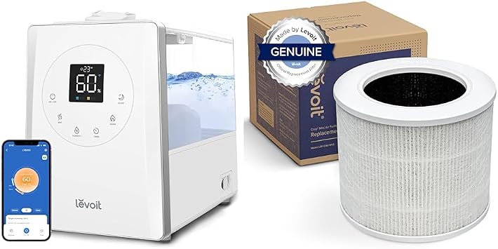 LEVOIT LV600S Smart Warm and Cool Mist Humidifiers for Home Bedroom Large Room & Core Mini Air Purifier Replacement Filter, 3-in-1, High-Efficiency Activated Carbon, Core Mini-RF, 1 Pack, White