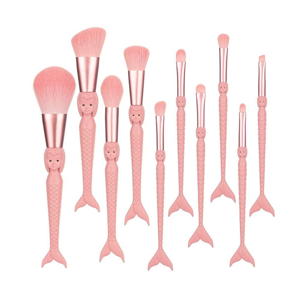 10 piece Pink Color Mermaid Shaped Eyeshadow Brushes Foundation Brush Makeup Brushes Set Gift For Girls