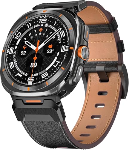 KONAFEI Band Compatible with Samsung Galaxy Watch 7 Ultra 47mm for Men Women, Rugged Leather Wide Sport Strap with Stainless Steel Metal Adapter (Black)