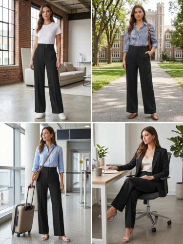 Image of GRECIILOOKS Korean Style Trousers | High Waist Wide Leg Formal Pants | Ankle Length Stretchable Office Wear | Button Closure Straight Fit | Regular Fit Pants for Women