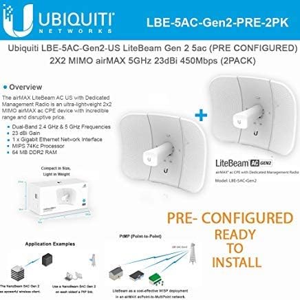 UBNT Networks LiteBeam Gen 2 AC LBE-5AC-Gen2-US Pre-Configured 2X2 MIMO airMAX Antenna 5GHz 23dBi 450Mbps (2-Pack)