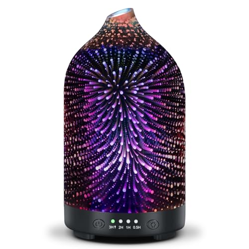 Essential Oil Diffuser 3D Firework Glass Aromatherapy Diffuser Electric Air Mist Scented Oil Aroma Diffuser Ultrasonic Waterless Auto Shut-Off 7-Color LED Lights for Home Office Yoga SPA Gift 120ml