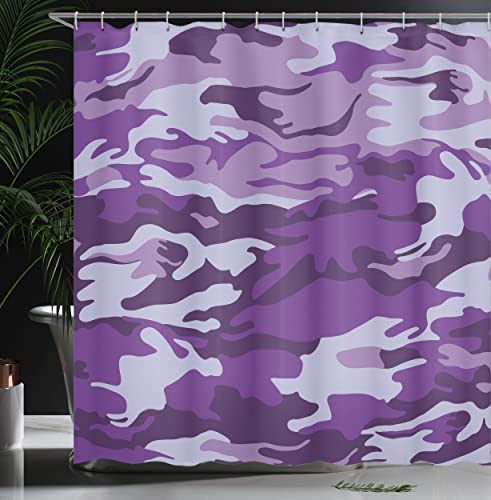 Ambesonne Camouflage Shower Curtain, Vibrant Color Abstract Style Splashes Design Pattern Hunting Hobby Print, Cloth Fabric Bathroom Decor Set With Hooks, 69" W X 75" L, Purple Pale Grey #TOP2
