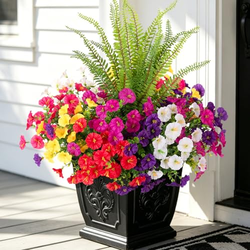 Image of Artificial Flowers Fake Plants for Outdoors Decoration, 12 Bundles Silk Morning Glory with Boston Fern Realistic UV Resistant Faux Flowers for Outside Planter Yard Patio Garden Home Indoor Urn
