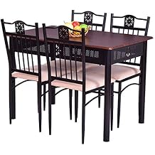 Casart 5 PCS Dining Table and Chairs Set Vintage Retro Wood Top Metal Frame Padded Seat Dining Table Set Home Kitchen Dining Room Furniture