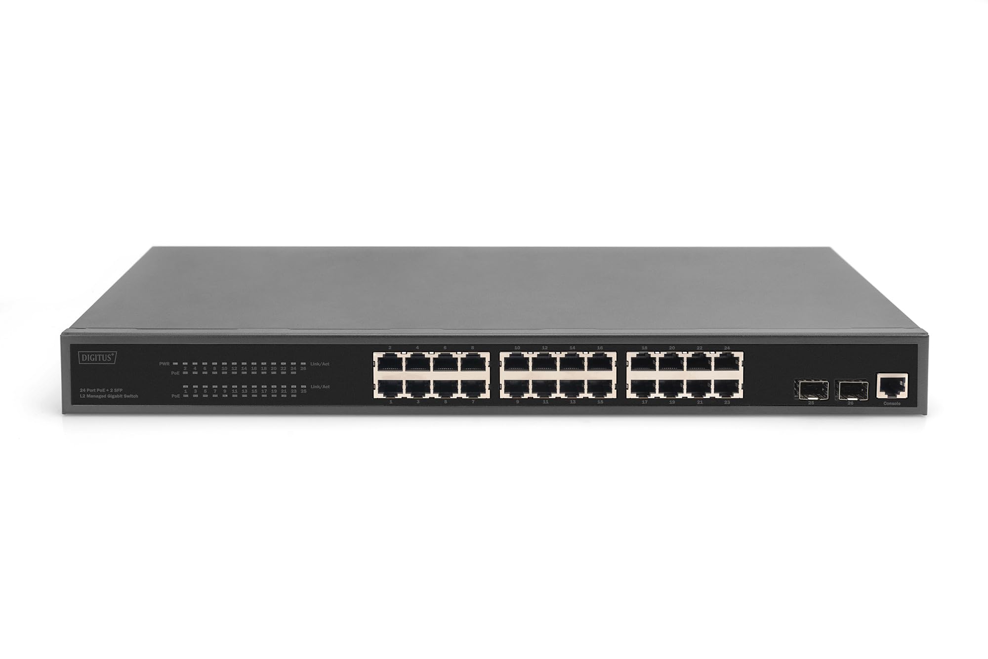 DIGITUS 27-Port Managed Gigabit PoE Netzwerk-Switch - 24 RJ45-Ports - 2 SFP-Ports - 1 Console-Port - 450W PoE-Budget - L2 Features - 19 Zoll - 10/100/1000 Mbps - schwarz, (DN-95359)