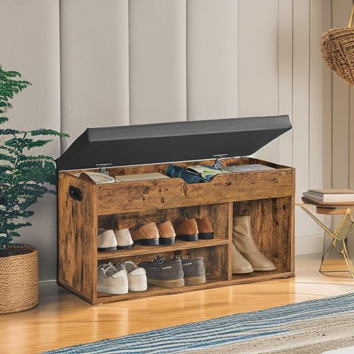 VASAGLE CUSTOS Collection - Storage Bench with Cushion, Shoe Bench, Padded Seat, Hidden Storage, Entryway, Hold up to 300 lb, 11.8 x 31.5 x 17.3 Inches, Rustic Brown and Ink Black ULHS30BX by VASAGLE - Image 2