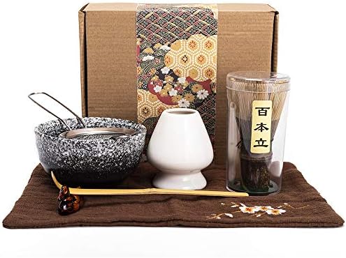 Bamboo Matcha Tea Whisk Set (Chasen) Matcha Bowl (Chawan) Bamboo Scoop (Chashaku) Ceramic Whisk Holder Handmade Matcha Ceremony Starter Kit For Traditional Japanese Tea Ceremony (7 Pcs).