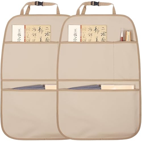 Kick Mat Back Seat Protector Waterproof Leather Car Seat Back Organizers Cover with 3 Storage Pockets for Kids Pets SUV Sedan Minivan Truck Car Travel Accessories (Beige 2-Pack)