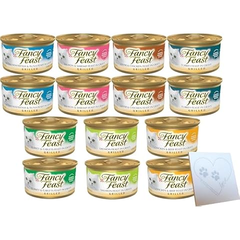 Grilled Variety Pack for for Purina-Fancy-Feast - 7 Total Flavors: Salmon, Turkey, Shrimp & Salmon, Liver & Chicken, Fish & Tuna, Chicken & Beef, and Turkey and Giblets (3oz Each, 14 cans Total) Cover