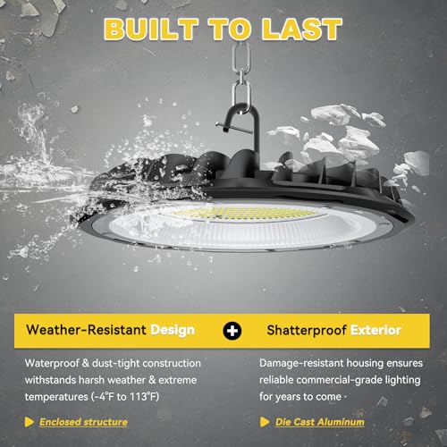 hunhun 10 Pack ETL 155W UFO LED High Bay Light, 22500lm, Daylight 5000K, US Plug,110-277V, IP65 Waterproof Commercial LED Shop Lights for Workshop Factory Barn Warehouse, Garage ETL Listed — view 6