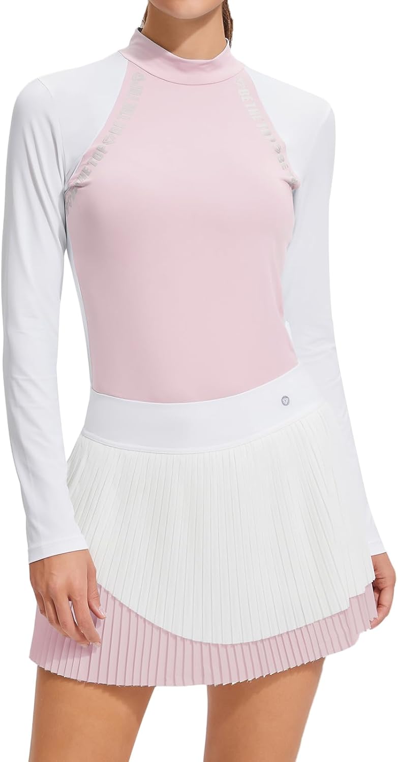 Airfree Two Piece Sets for Women Mock Neck Long Sleeve Tops Golf Skirts Outfits Pleated Tennis Skirt Fall Casual Sets