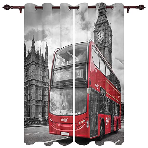 Tigion London Street Red Bus Blackout Curtains Clock Tower 3D Printed Drapes,2 Panels Window Drapes, Decorative Printed Curtains For Living Room Bedroom Window Fabric.(72" L X 36" Wx2) #TOP1