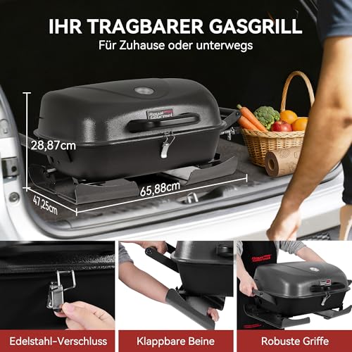 Royal Gourmet Gasgrill mit 3,5 kW, Tischgasgrill mit Griffen und Klappbaren Beinen, Tragbarer Campinggrill für Garten, Balkon