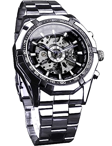 Image of FORSINING Men's Watch Self-wind Skeleton Hollow Out Mechanical Automatic Luxury Watches, Blue Black Stainless Steel Band Waterproof Wristwatch