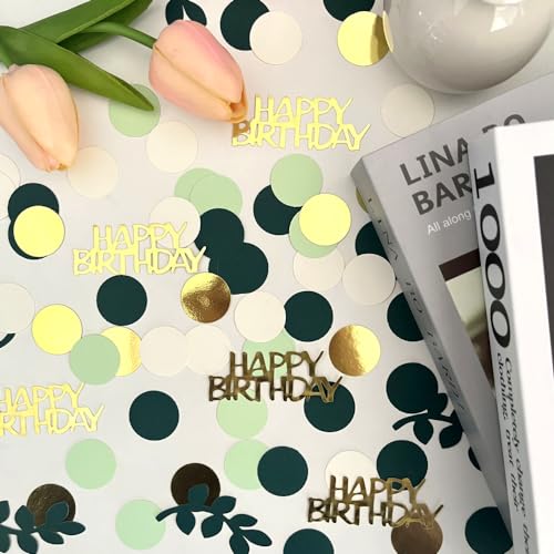 Image of Sage Green Happy Birthday Confetti, Birthday Table Decorations Scatter Green Gold Foil Cake Confetti Decorations for Party, Baby Shower DIY Arts Crafting 230 Pcs