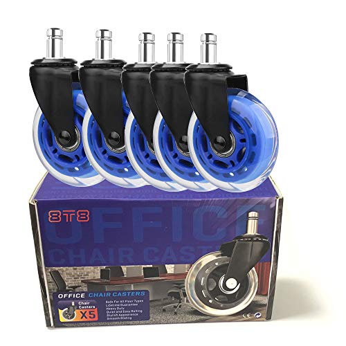 8T8 Replacement Office Chair Caster Wheels 3", Heavy Duty, Set Of 5, Soft Pu Rubber Casters, Safe For Hardwood Carpet Floors (Blue Transparent) #TOP5