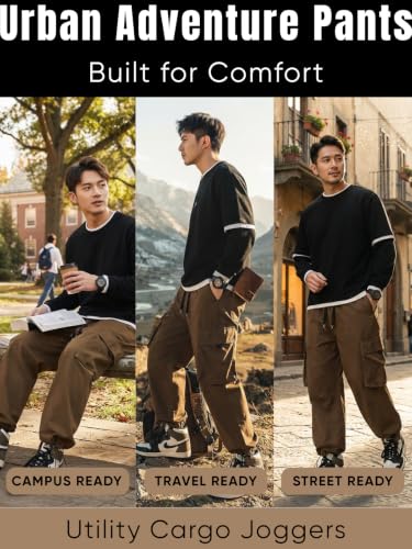 Image of GRECIILOOKS Men's Cargo Pants | 6 Pocket Cotton Cargo Joggers for Men | Loose Fit Stylish Pant with Pockets | Casual Baggy Trousers & Streetwear Lower