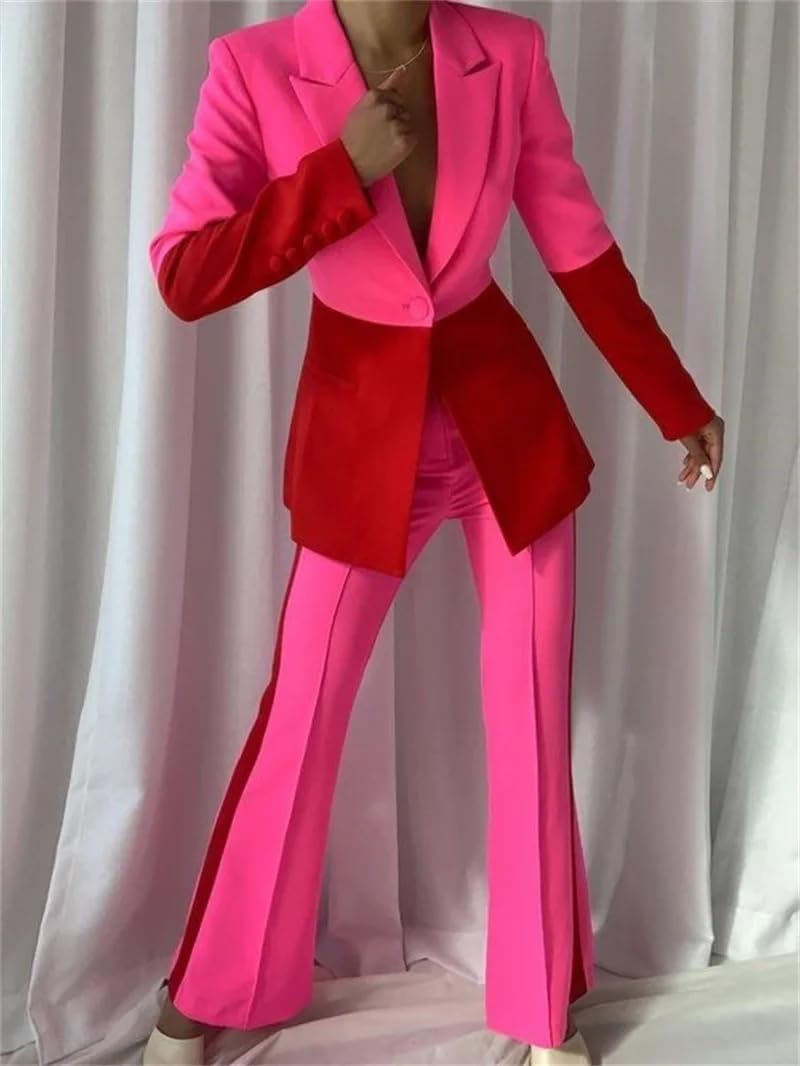 Women's Match Color Suit One Button Peak Lapel Jacket Wide Leg Pants for Casual Party