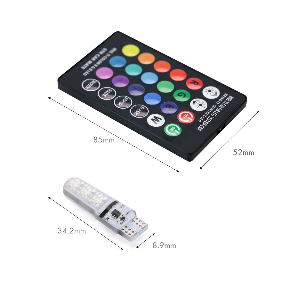 2 Ampoules LED T10 RGB 10-SMD Avec Télécommande RF - Lampes Intérieures Voiture Multicolores 12V