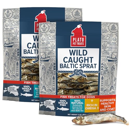 Plato Pet Treats Fish Dog Treats - Air-Dried Single Ingredient Pet Treat - Omega 3 & 6 Fatty Acids to Support Skin and Coat - 100% Whole Fish - Wild Caught Baltic Sprat - 3 oz - 2 Pack