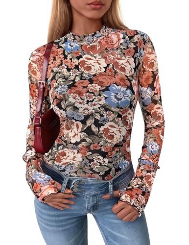 PRETTYGARDEN Womens 2025 Fall Mesh Floral Blouses Long Sleeve Going Out Tops Slim Fitted Shirts Date Night Outfits