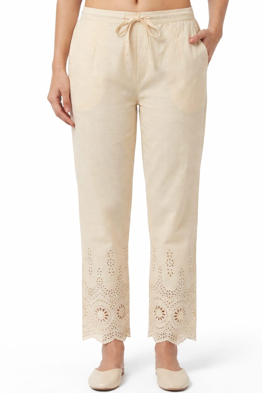 Women's Cotton Pant, Self Embroidered Schiffli Cut Work, Drawstring Waist, Comfortable for Regular Wear-picture-35