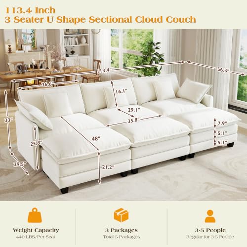 Image of Hanherry Modular Sectional Sofa,Cloud Couch for Living Room,Modern Deep Seat Sofa Chenille Fabric Comfy Couches with Throw Pillows & Movable Ottoman for Apartment